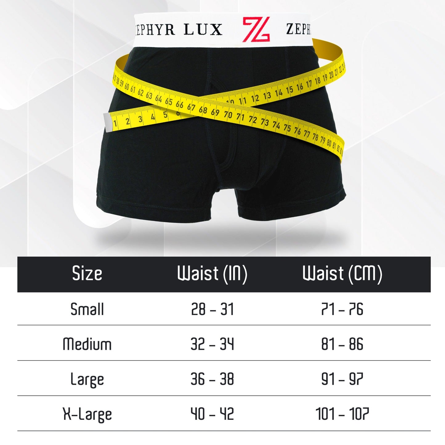 Zephyr Lux boxer brief waist size guide Small through XL