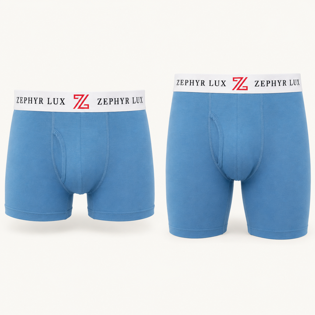Zephyr Lux blue short-leg and long-leg boxer brief fit comparison