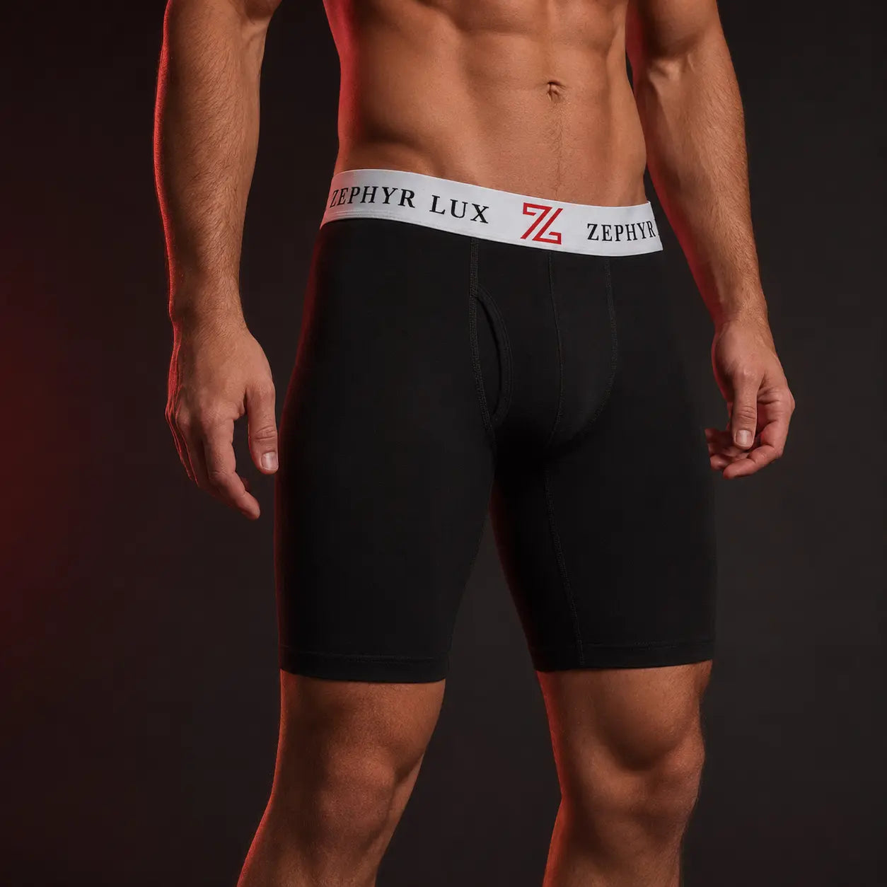 Zephyr Lux black long-leg boxer brief on model